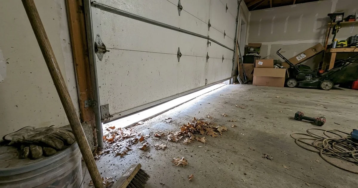 Daylight showing through a gap beneath a fully closed garage door with leaves collected inside