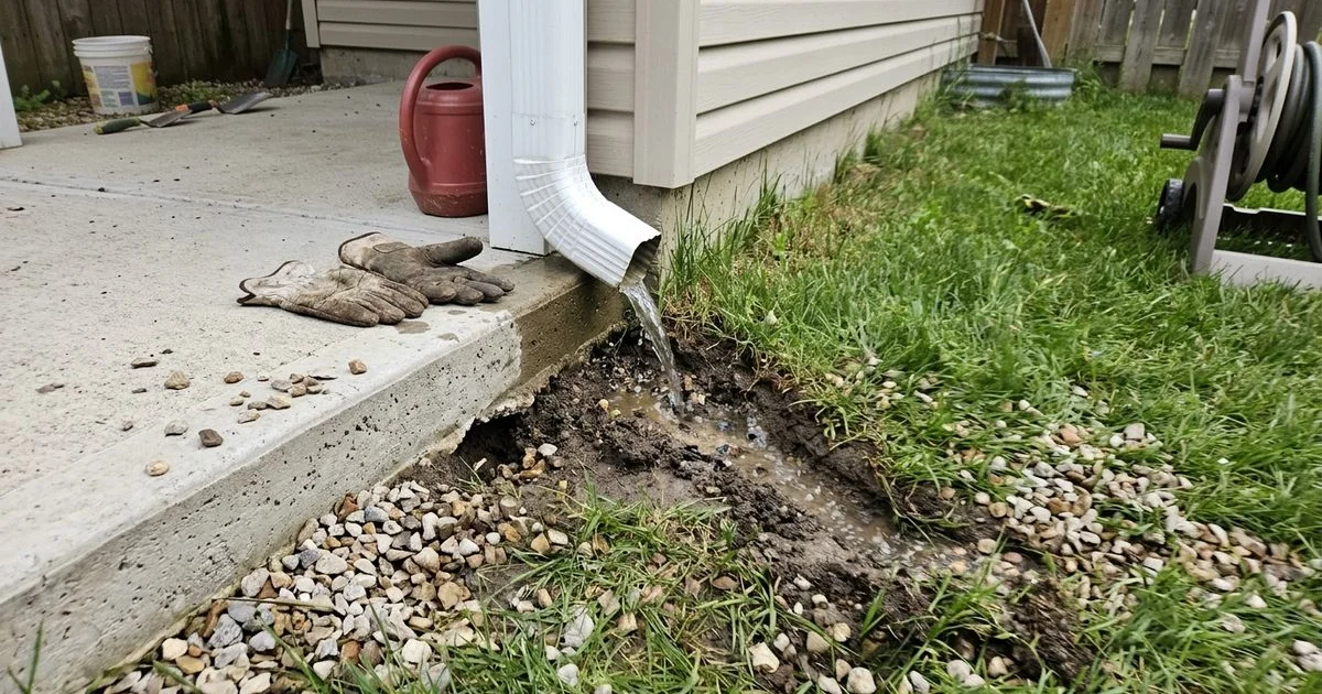 Downspout discharging straight onto a concrete slab edge with visible erosion channel
