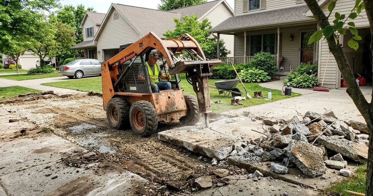 Driveway demolition in progress with broken concrete and a skid steer on a suburban lot
