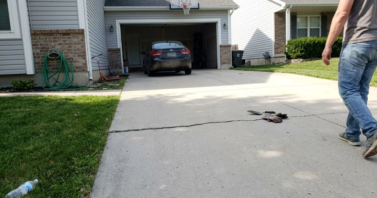 Driveway with a clean single crack running across an otherwise sound slab section