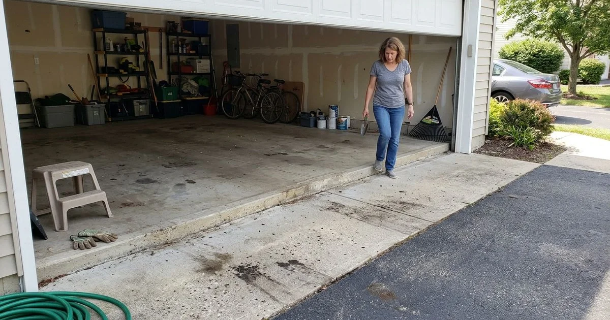 Dropped concrete apron at a garage door with a visible step down from the garage floor