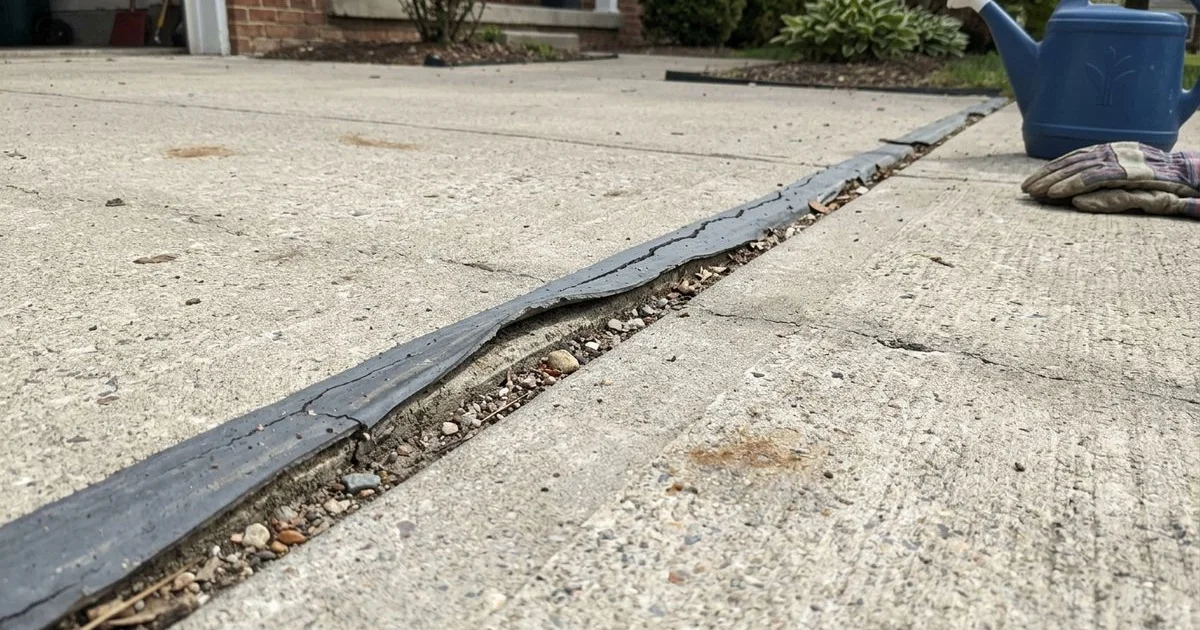Failed joint sealant pulling away from the concrete edge, cracked and debris-filled