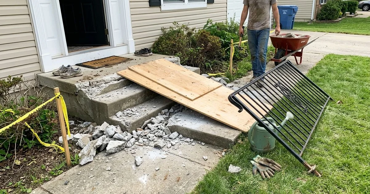 Front entry steps being demolished, railing removed, plywood ramp for access