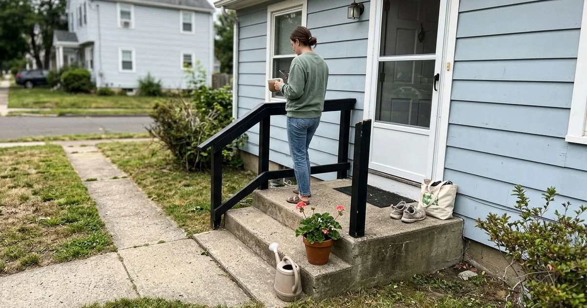 Front stoop with one corner visibly lower, treads sloping to the side
