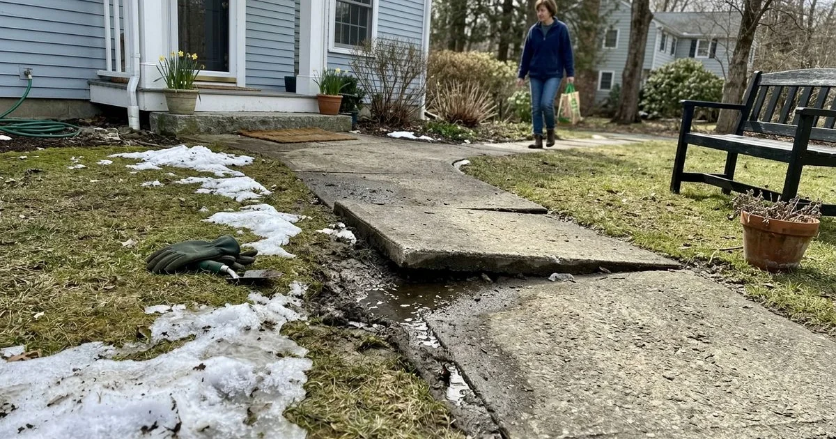 Frost-heaved concrete walkway in a Connecticut yard in early spring with snowmelt pooling at the joint