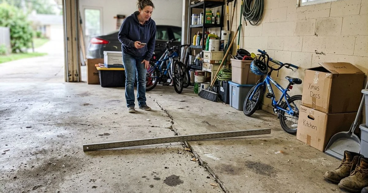 Garage floor crack with one side sitting visibly lower than the other, straightedge across it