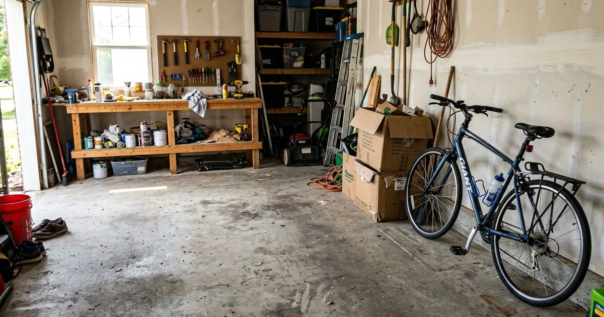 Garage interior with a visibly dipped concrete floor, stored boxes and a bike against the wall