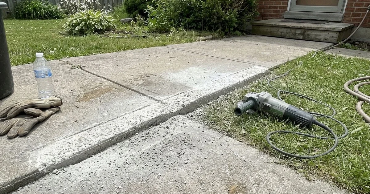 Ground-down concrete edge showing exposed aggregate where a lip was removed