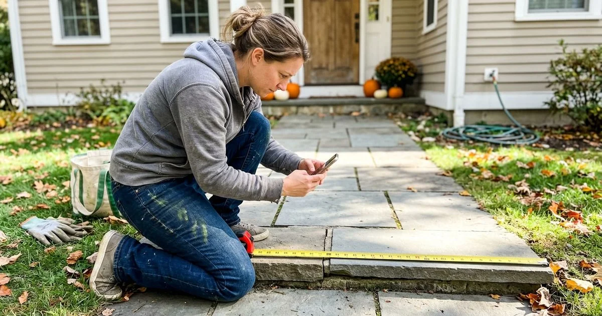 Homeowner photographing a stepped walkway trip hazard with a tape measure across the lip