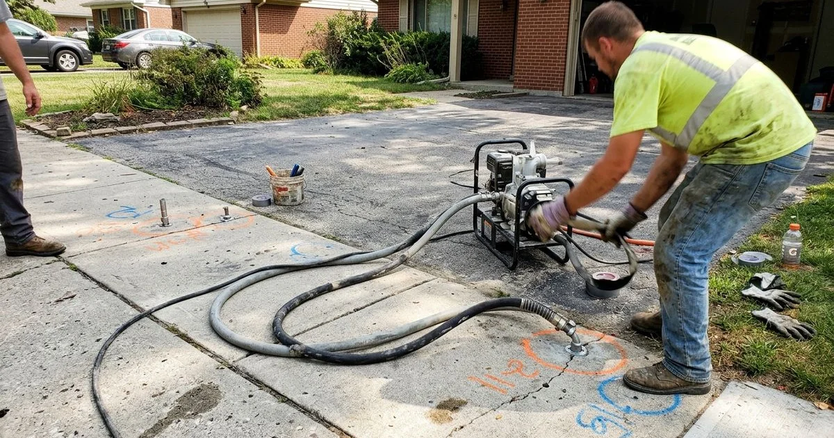 Injection equipment filling beneath a level slab that has begun to sound hollow