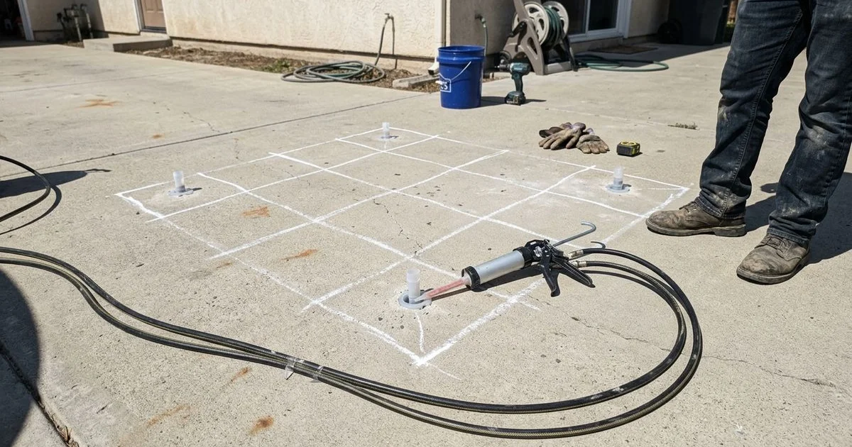 Marked-out driveway slab with drilled ports in a grid and injection gun resting nearby