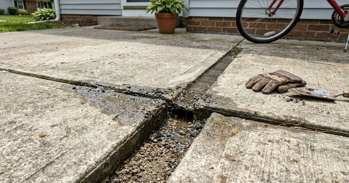 Open control joint in a driveway with debris and water sitting in it