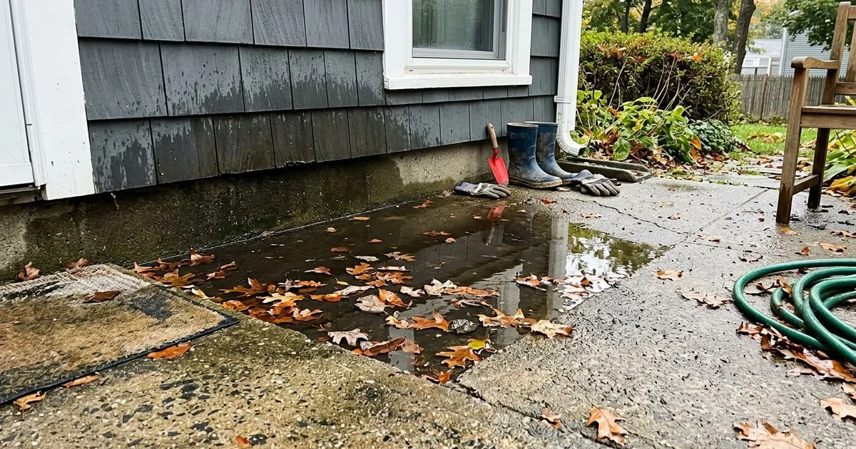 Puddle standing on a settled concrete patio right against a house foundation after rain