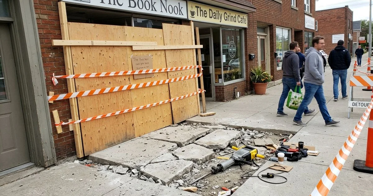 Retail entrance closed off for concrete demolition with customers diverted around it
