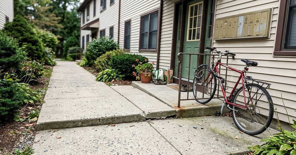 Shared concrete walkway at a small multi-family property with an obvious stepped joint