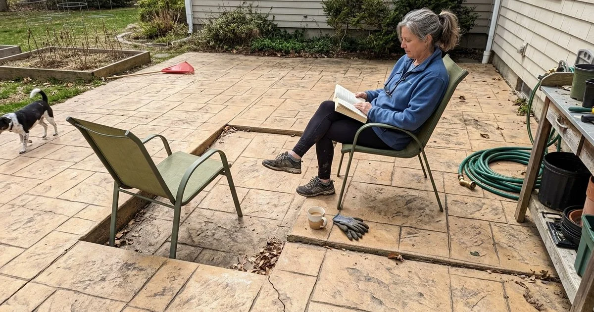 Stamped concrete patio with a settled section, pattern and color clearly visible