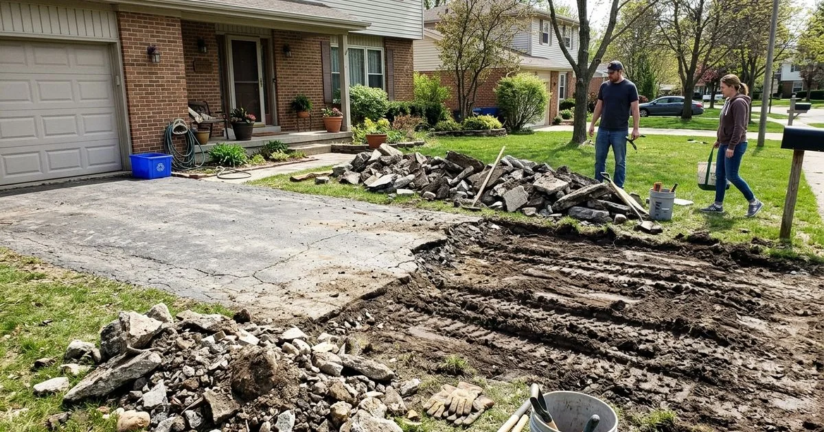 Suburban driveway half torn out with broken concrete piled on the lawn and excavator tracks in the grass