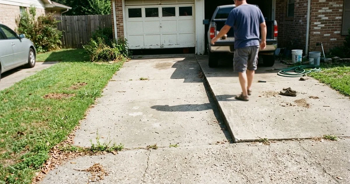 Suburban driveway with a clearly dropped section near the garage, shadow line showing the step