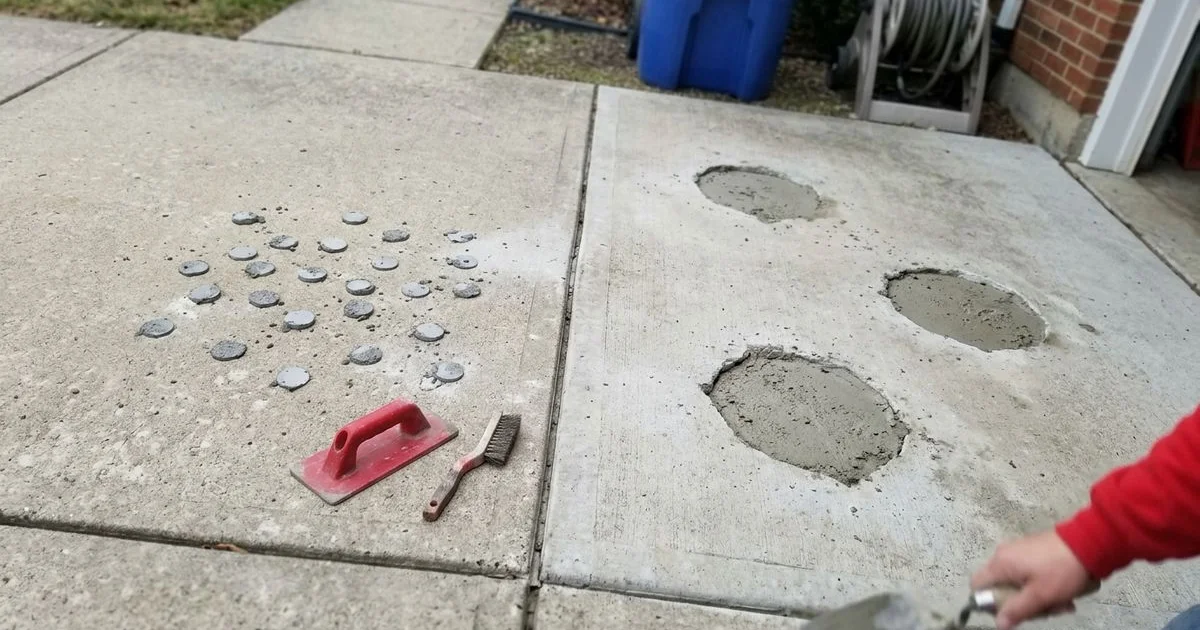 Two concrete slabs side by side, one with small patched ports and one with large filled mudjacking holes