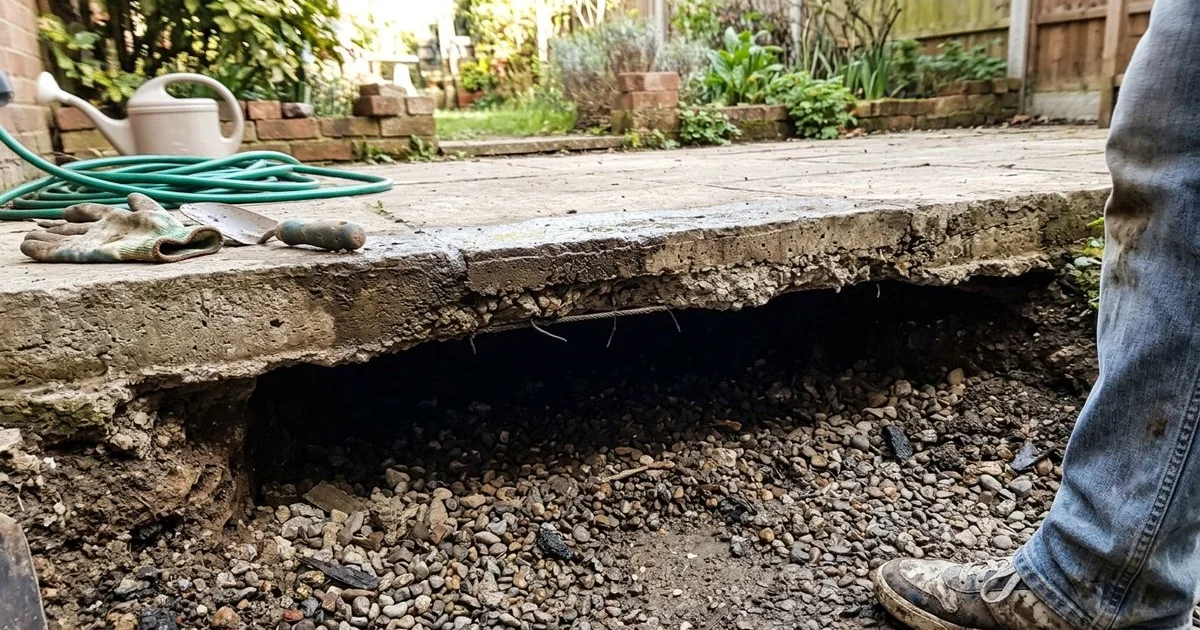 Void visible beneath the edge of a concrete slab where the soil has washed away