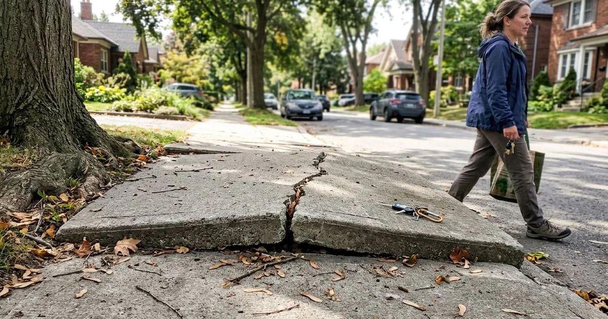 Walkway slab pushed up and cracked by a mature tree root in an older suburban street