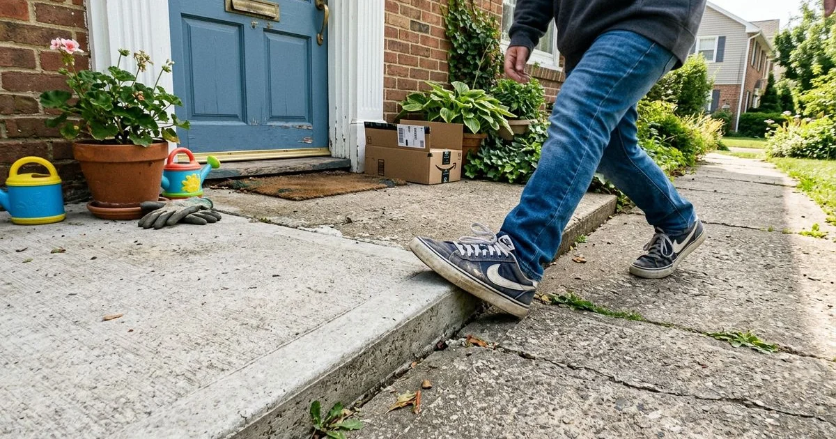 Walkway slab stepped up above its neighbor with a shoe toe catching the lip