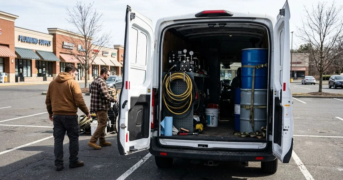 Work van with polyurethane injection equipment parked outside a unit on the Berlin Turnpike