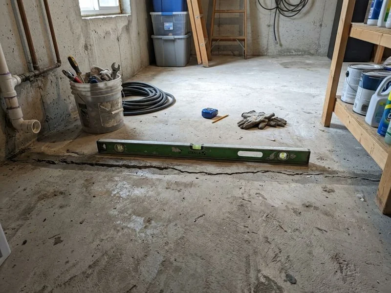 Basement floor with a visible dip and crack running along an old plumbing trench line