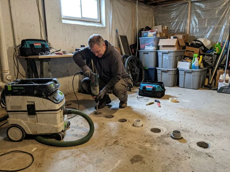 Basement work area with dust extraction beside a drilled slab and contents covered