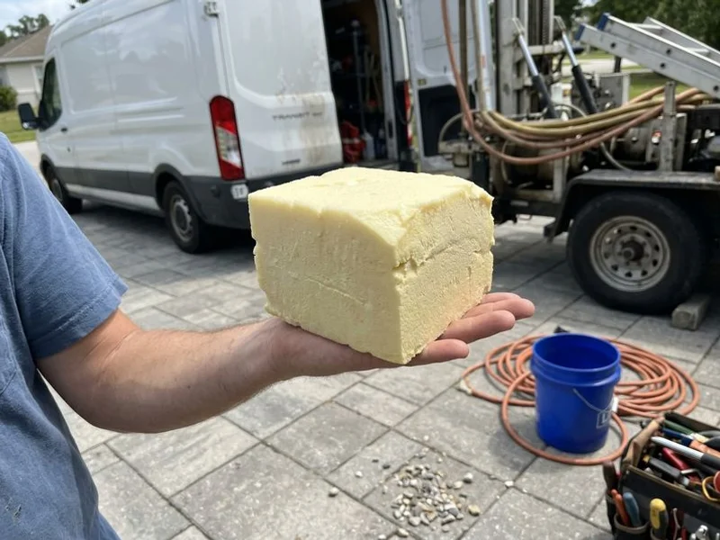 Block of cured closed-cell polyurethane foam held in one hand