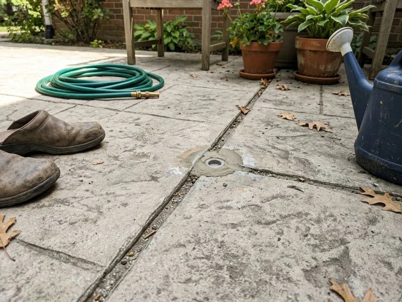 Stamped concrete grout line with a discreet color-matched patched injection port