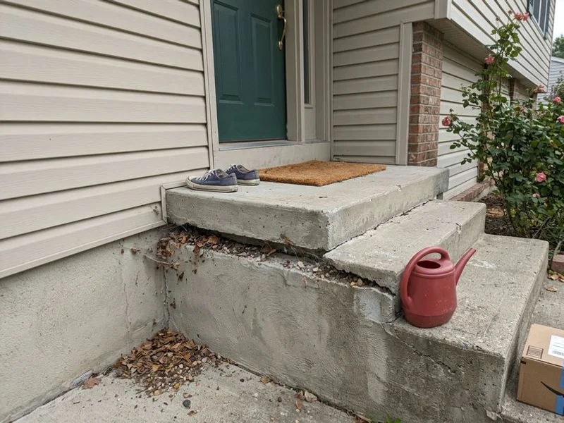 Concrete front steps with a visible gap where they have pulled away from the house wall