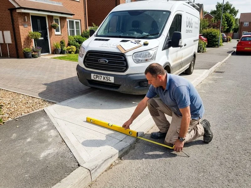 Contractor measuring a dropped driveway section with a level and tape before writing a quote