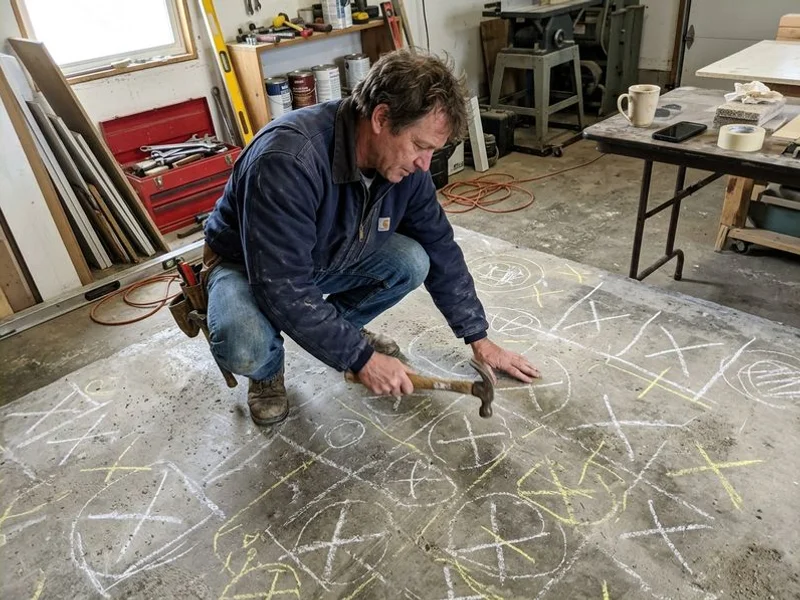 Contractor sounding a slab with a hammer and chalking the hollow sections