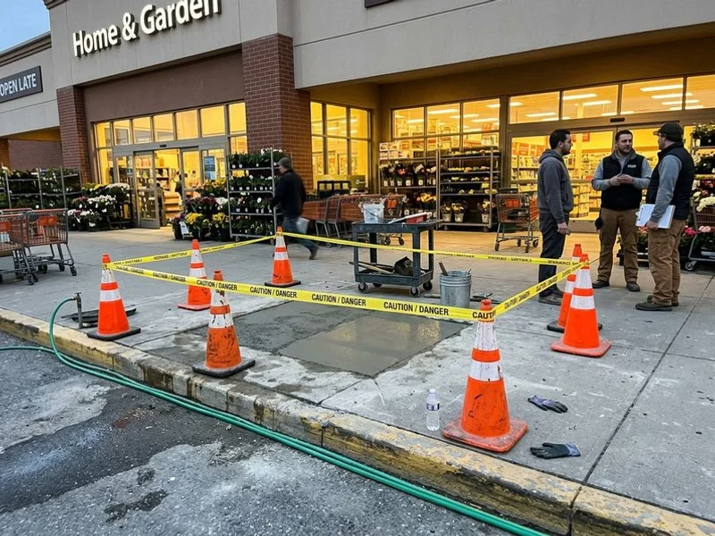Cordoned-off section of a retail entrance being repaired after hours