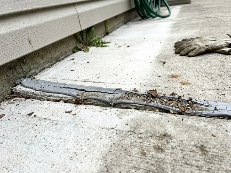 Failed joint sealant pulling away from the concrete edge, cracked and debris-filled