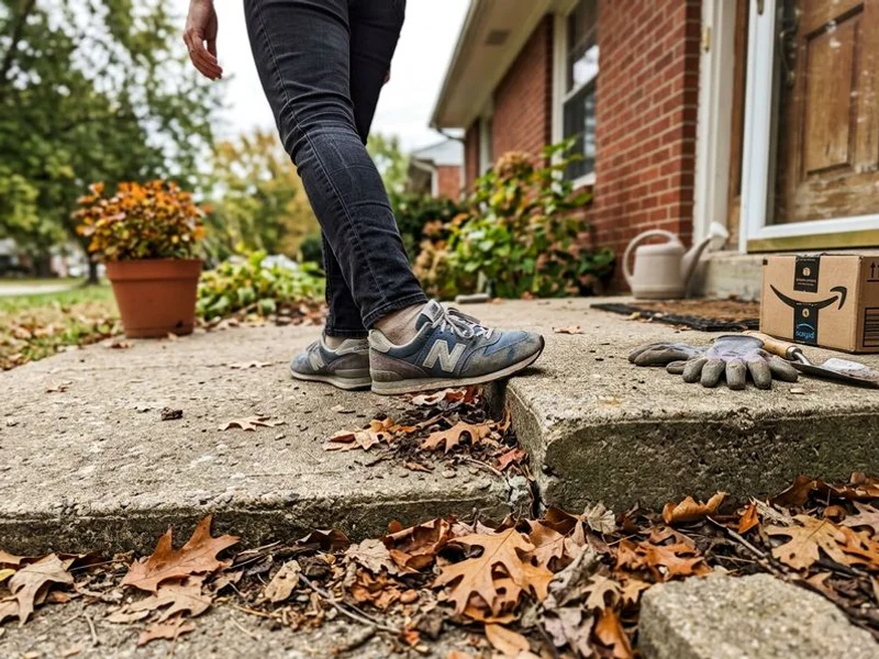 Front walkway with a stepped joint catching a shoe and leaves collecting at the lip