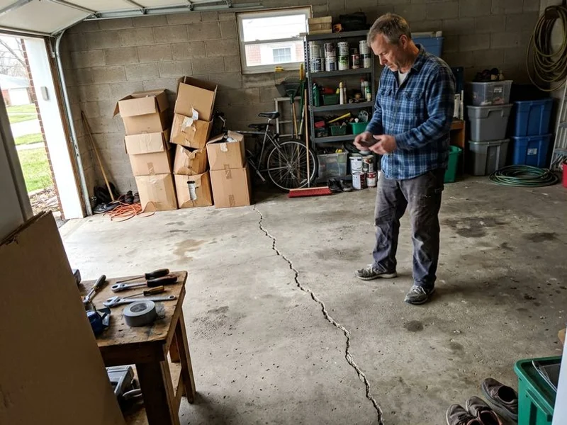 Garage interior with a dipped concrete floor and stepped crack before repair