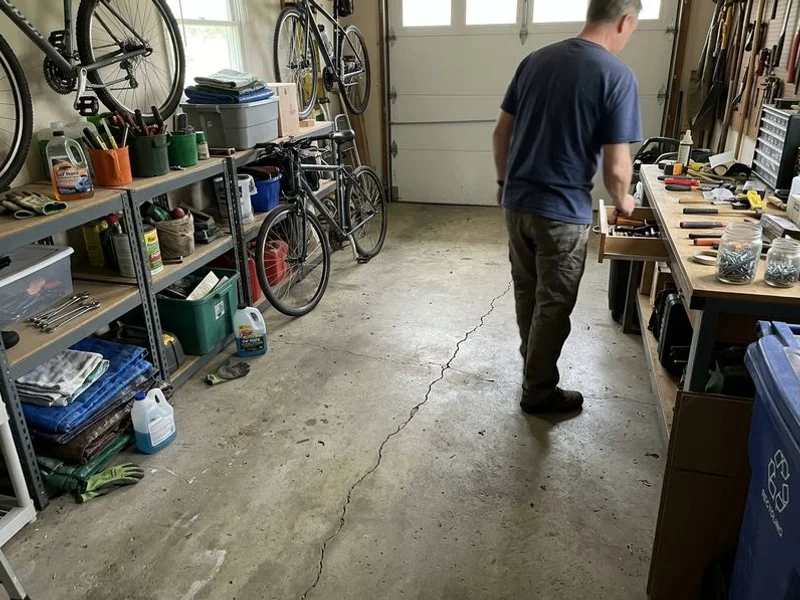Garage interior with a visibly dipped concrete floor and a stepped crack running across it