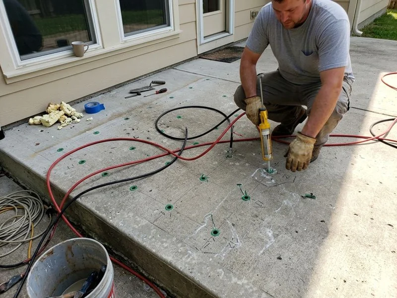 Injection equipment filling beneath a still-level slab that has begun to sound hollow