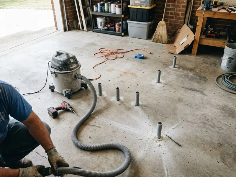 Injection ports drilled across a garage slab with dust extraction running