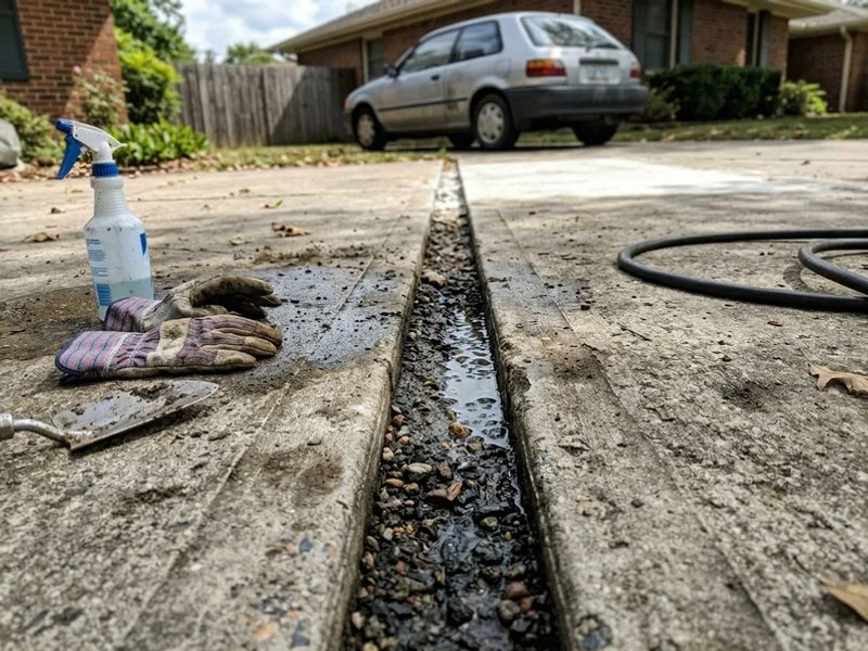 Open control joint in a driveway filled with grit and standing water