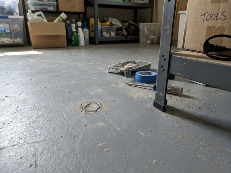 Patched injection port on a painted basement floor, barely visible