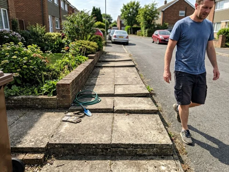 Run of front path slabs with several stepped joints where each has settled further