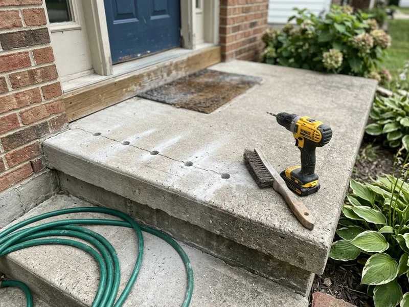 Injection ports drilled into a concrete stoop landing ready for a controlled lift