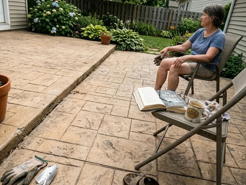 Stamped concrete patio with a settled section, pattern and color clearly visible