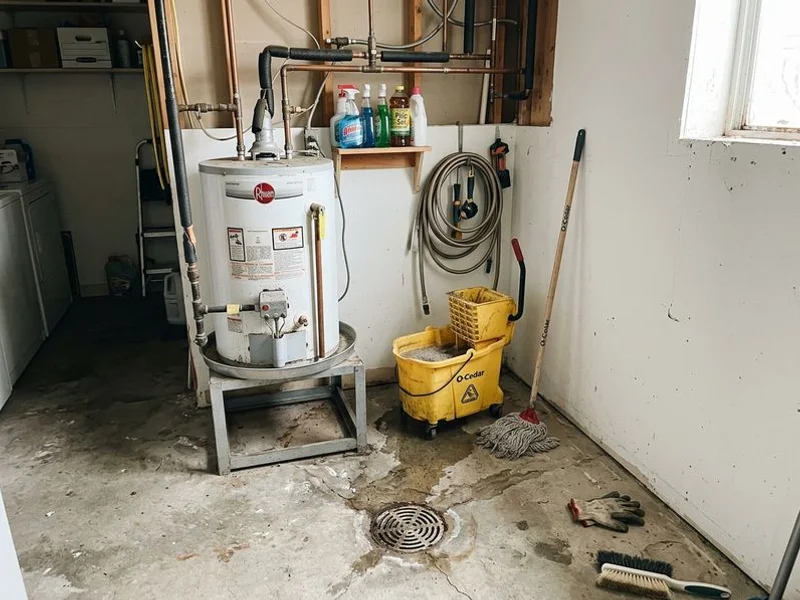 Utility room slab settled around a floor drain with a water heater nearby