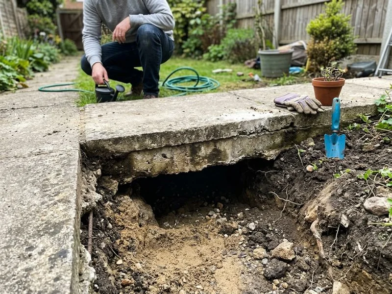 Void visible beneath the edge of a concrete slab where the supporting soil has washed away