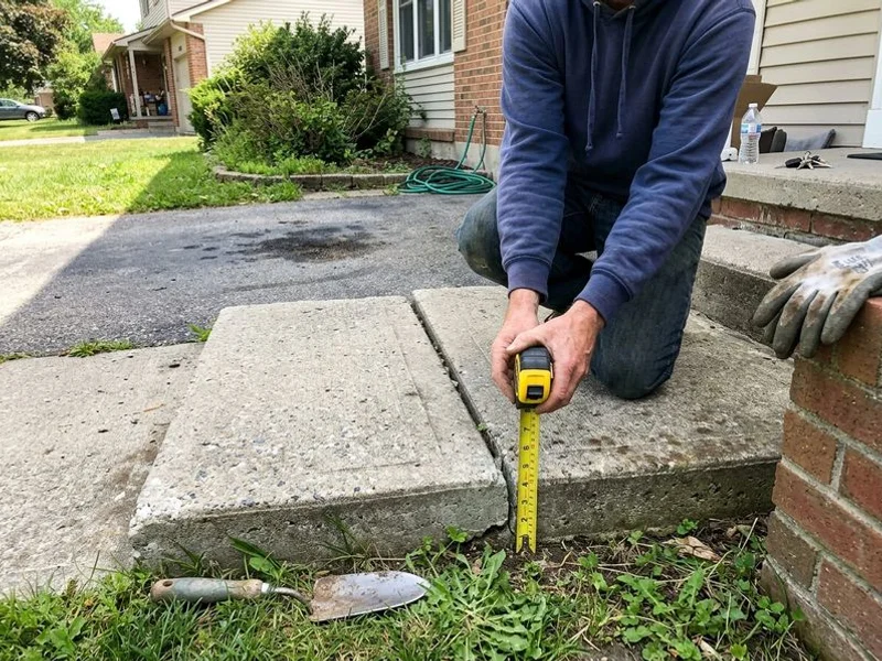Walkway slab stepped above its neighbor with a tape measure showing the vertical offset