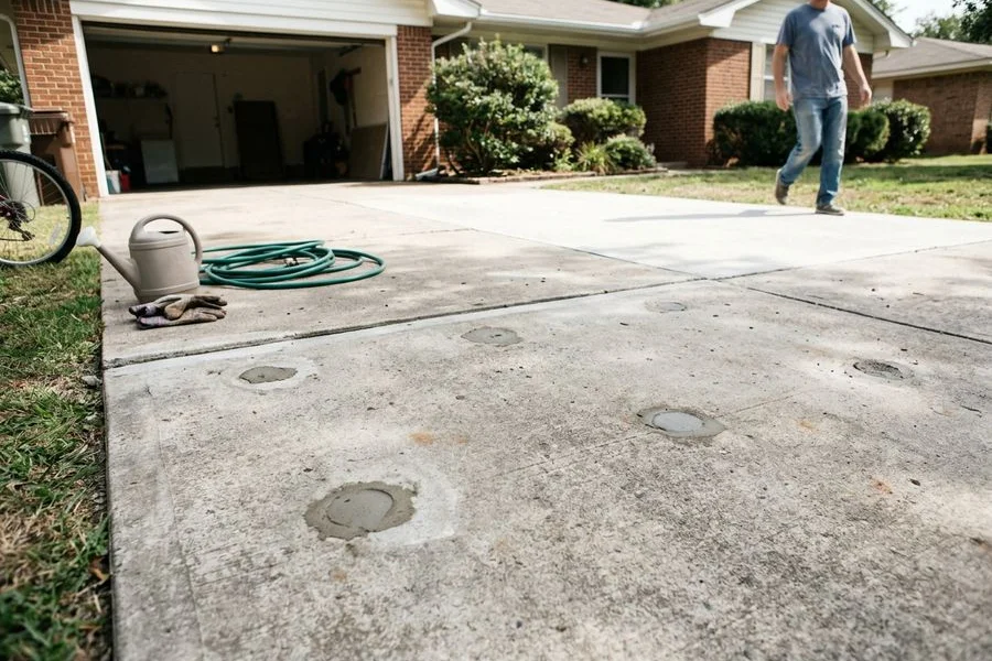 The same driveway section lifted flush and re-pitched, with small patched injection ports visible